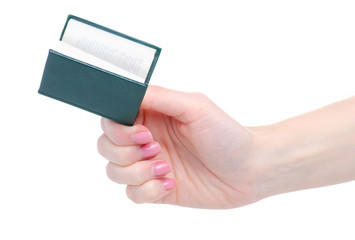 Hand holding mini little book education on white background isolation