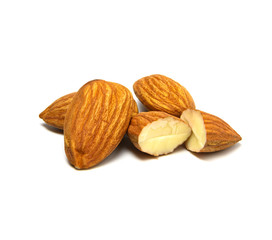 Closeup almonds nut cracked isolated on white background.