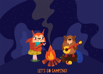 Cute squirrel and beaver near a bonfire at night. Let's camping poster concept. Vector illustration in cartoon style. © ovocheva
