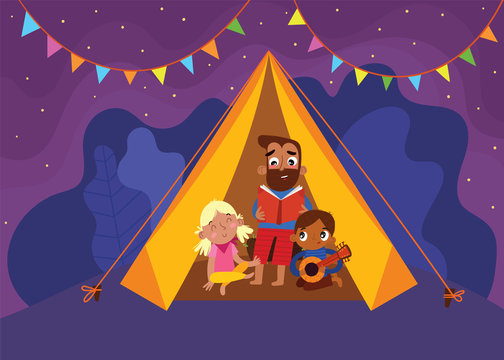 Happy family and camping. Young father with cute children. Let's camping poster concept. Vector illustration in cartoon style
