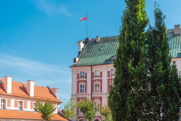 POZNAN, POLAND - September 2, 2019: Polish flag in Old Town Poznan, Poland