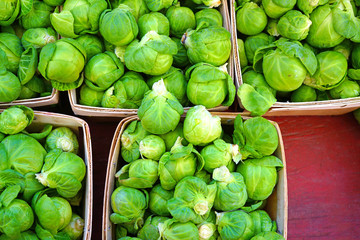 Containers of fresh organic green Brussels sprouts at the farmers market