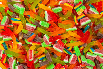 Assorted gummy candies. Top view. Jelly  sweets background.