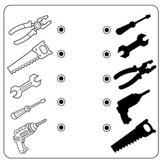 Puzzle Game for kids. Find correct shadow. Cartoon set of household tools.  Coloring book for children.