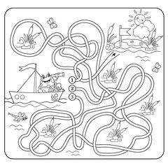 Maze or Labyrinth Game for Preschool Children. Puzzle. Tangled Road. Matching Game. Coloring Page Outline Of Cartoon Frog. Coloring book for kids.