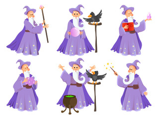 Obraz na płótnie Canvas Magician in robe spelling vector cartoon characters