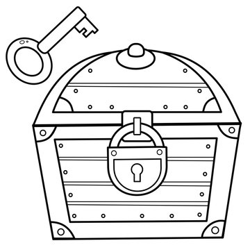 Coloring Page Outline of cartoon treasure chest with key. Closed coffer with lock. Decorative element for pirate party for kids. Coloring book for kids.