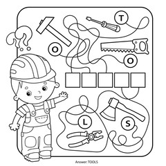 Solve the word. Maze or Labyrinth Game for Preschool Children. Puzzle. Tangled Road. Matching Game. Coloring Page Outline Of Cartoon Worker with tools. Coloring book for kids.