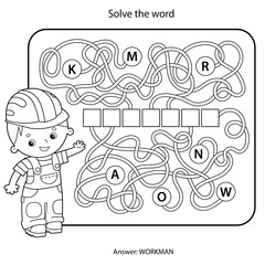 Solve the word. Maze or Labyrinth Game for Preschool Children. Puzzle. Tangled Road. Matching Game. Coloring Page Outline Of Cartoon Worker. Profession. Coloring book for kids.