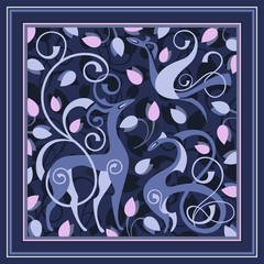 Scarf design with fantastic animals and flowers in blue, pink and lilac colors