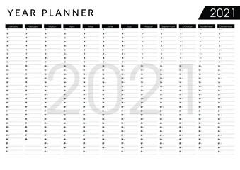 Th2021 year planner. Wall calendar design template. Horizontal annual worldwide printable wall planner, diary, activity template - with dates, days of the month, and space for personal notes. - Vector