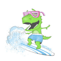 Dinosaur surfer ride the wave, on surfboard. Vector illustration.