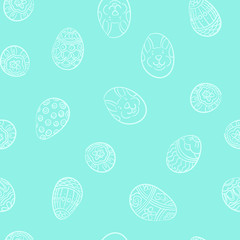 Easter eggs seamless pattern. Hand drawn decorative Easter eggs with different patterns on aqua menthe color background