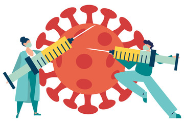 Vector illustration fight covid-19 corona virus. Doctors fight virus concept. coronaviruses vaccine concept. End of 2019-ncov. Sars disease. Flat design.
