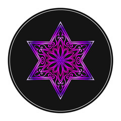 Six pointed star zentangle, Vivid purple color mandala design element on black