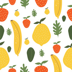 Summer fruits seamless pattern vector illustration banana strawberry lemon leaves