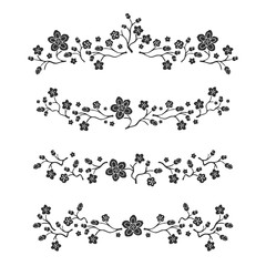 Hand drawn borders. Line sketch dividers with decorative flower elements. Floral text doodle decoration, scribble frame, vector set. 