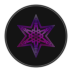 Six pointed star zentangle, Vivid purple color mandala design element on black