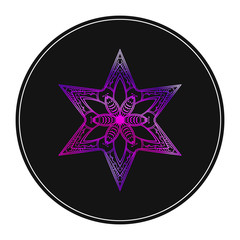 Six pointed star zentangle, Vivid purple color mandala design element on black