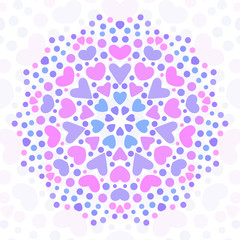 Round mandala made of hearts; Isolated design element; Vector illustration.