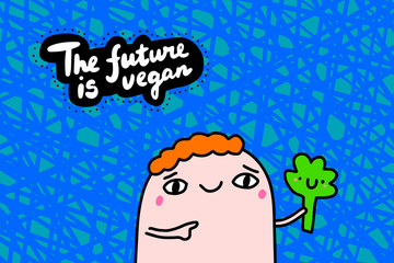 The future is vegan hand drawn vector illustration in cartoon comic style man holding broccoli