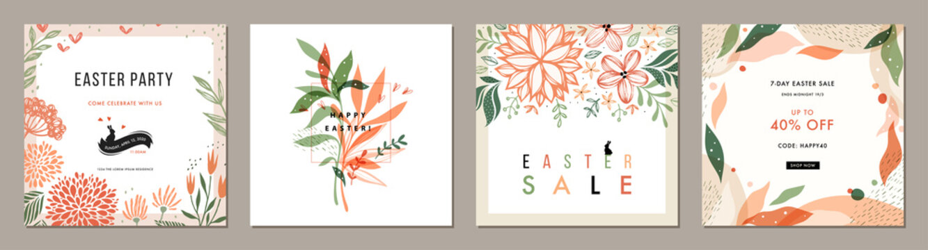 Trendy Easter floral square templates. Suitable for social media posts, mobile apps, cards, invitations, banners design and web/internet ads. 
