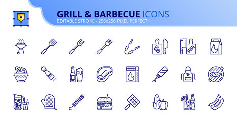 Simple set of outline icons about food and drink. Grill and barbecue