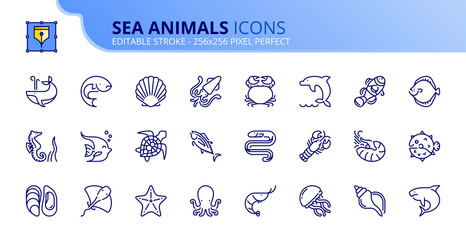 Simple set of outline icons about sea animals. Sea world.