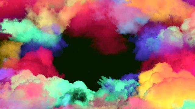 Abstract flight through multicolored cloudscape and black hole at horizon background,