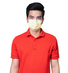 COVID-19 Coronavirus portrait handsome young asian .man wearing red shirt and mask protection from covid 19  isolated on white background in studio. Asian man people. COVID-19 concept.