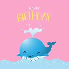 Gordijnen Happy birthday greeting card or poster with happy cute whale on pink. © Sureeyu