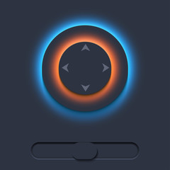 Neumorph UI kit with manipulator and switcher. Dark color set. Workflow graphic elements in Skeuomorph Trend Design. Circular Elements for smart technology applications. Vector illustration.