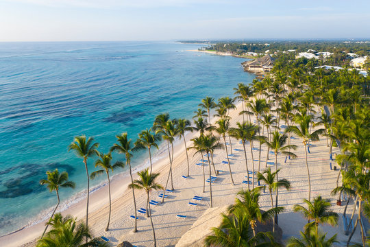Aerial view of beautiful white sandy beach in Punta Cana, Dominican Republic