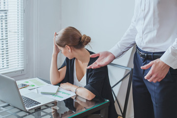 stressful job, angry boss and tired unhappy woman employee, stress at work