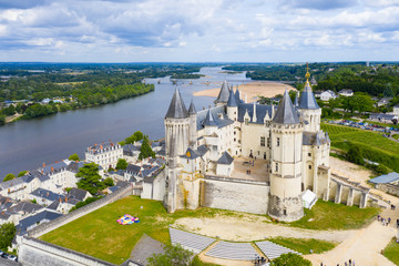 Aerial view of Castle and loire Valley, France.Saumur Castle was built in the tenth century and rebuilt in the late twelfth century - 329598257