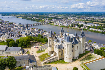 Aerial view of Castle and loire Valley, France.Saumur Castle was built in the tenth century and rebuilt in the late twelfth century - 329598261
