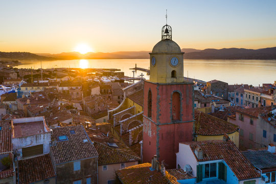 France, Aerial view of St Tropez Harbor at sunset