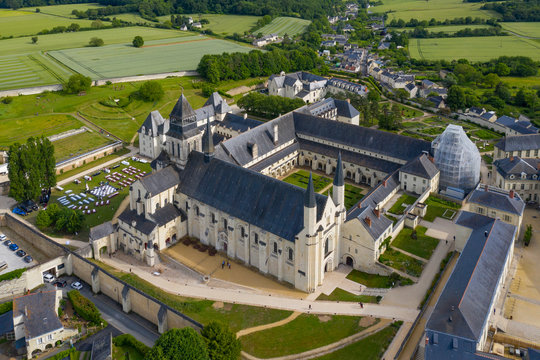 Aerial view of Abbey of Fontevraud, Anjou, Fontevraud l'Abbaye, Maine-et-Loire department, Pays de la Loire, Loire Valley, UNESCO World Heritage Site, France,