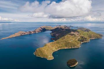 Aerial view of Island of the Sun (Spanish: Isla del Sol ) on Titicaca Lake in Bolivia, South...