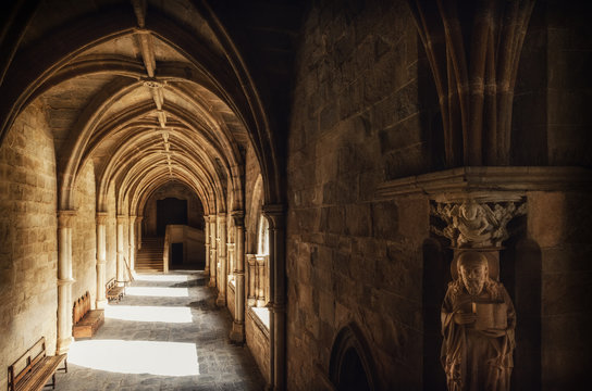 Detail of the medieval gothic cloisters of the cathedral of Evora, main city of the Alentejo region (Portugal)