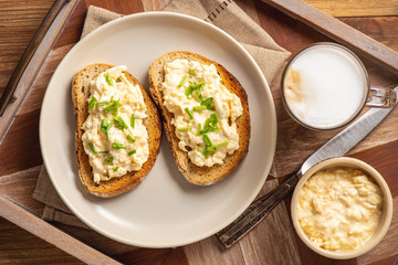 Homemade egg salad toasts, breakfast idea.
