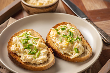 Homemade egg salad toasts, breakfast idea.