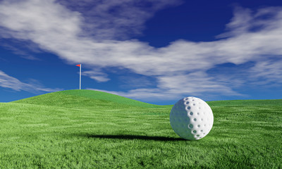 Golf ball is on a green lawn in a beautiful golf course with morning sunshine.Ready for golf in the...