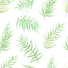 seamless background with green tropical leaves, watercolor hand drawn  illustration on white background