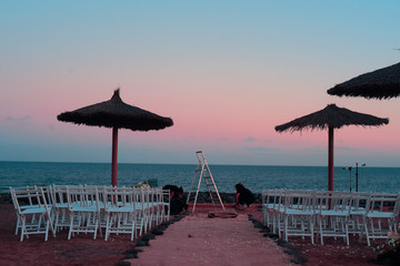 Beach wedding venue. A beach wedding, a place for a perfect wedding. Preparing for a beach wedding. Wedding in Bali.