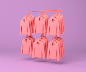 women dresses in a row in a srote hanger stand in a purple and pink flat, single color background, 3d rendering