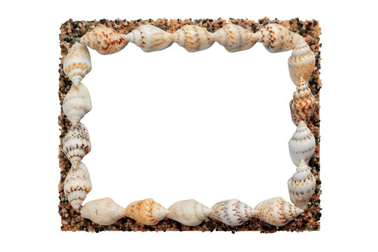 Photo frame made of shells and small stones with an empty space inside.
