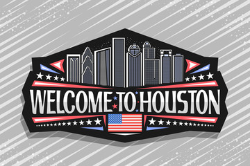 Vector logo for Houston, black decorative badge with line illustration of contemporary houston city scape on dusk sky background, fridge magnet with creative letters for words welcome to houston.