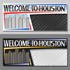 Vector layouts for Houston with copy space, voucher with line illustration of contemporary houston city scape on day and dusk sky background, art design tourist coupon with words welcome to houston.