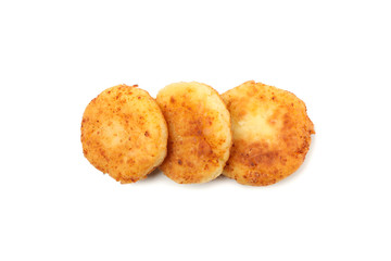 Cottage cheese pancakes isolated on white background